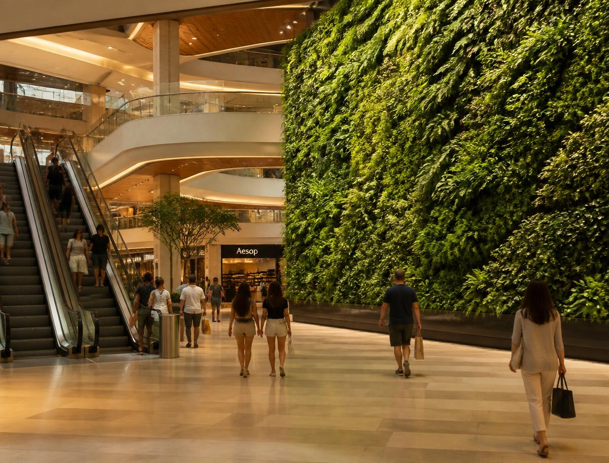 Interior comercial con muro vegetal