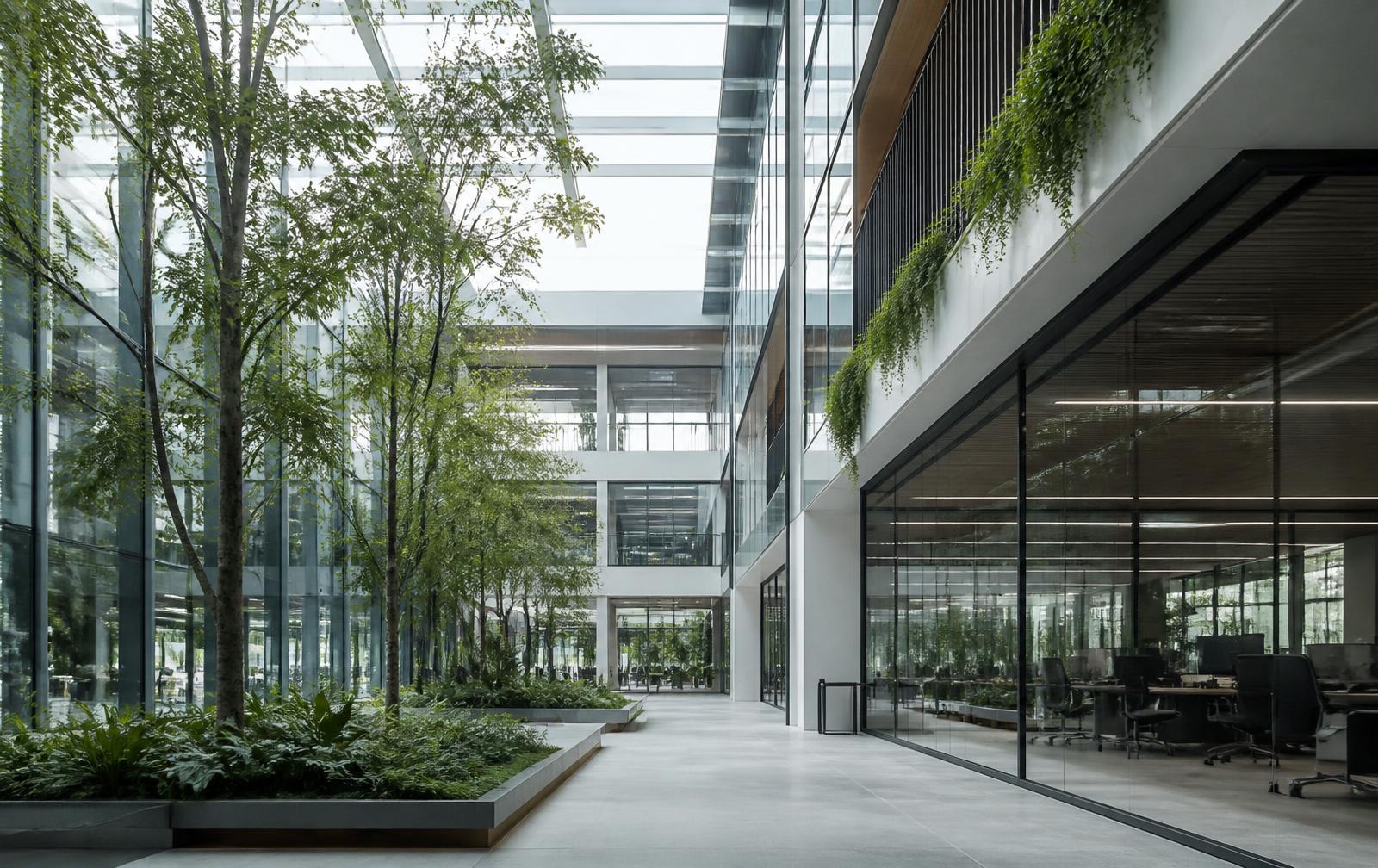 Edificio de oficinas sostenible con vegetación interior